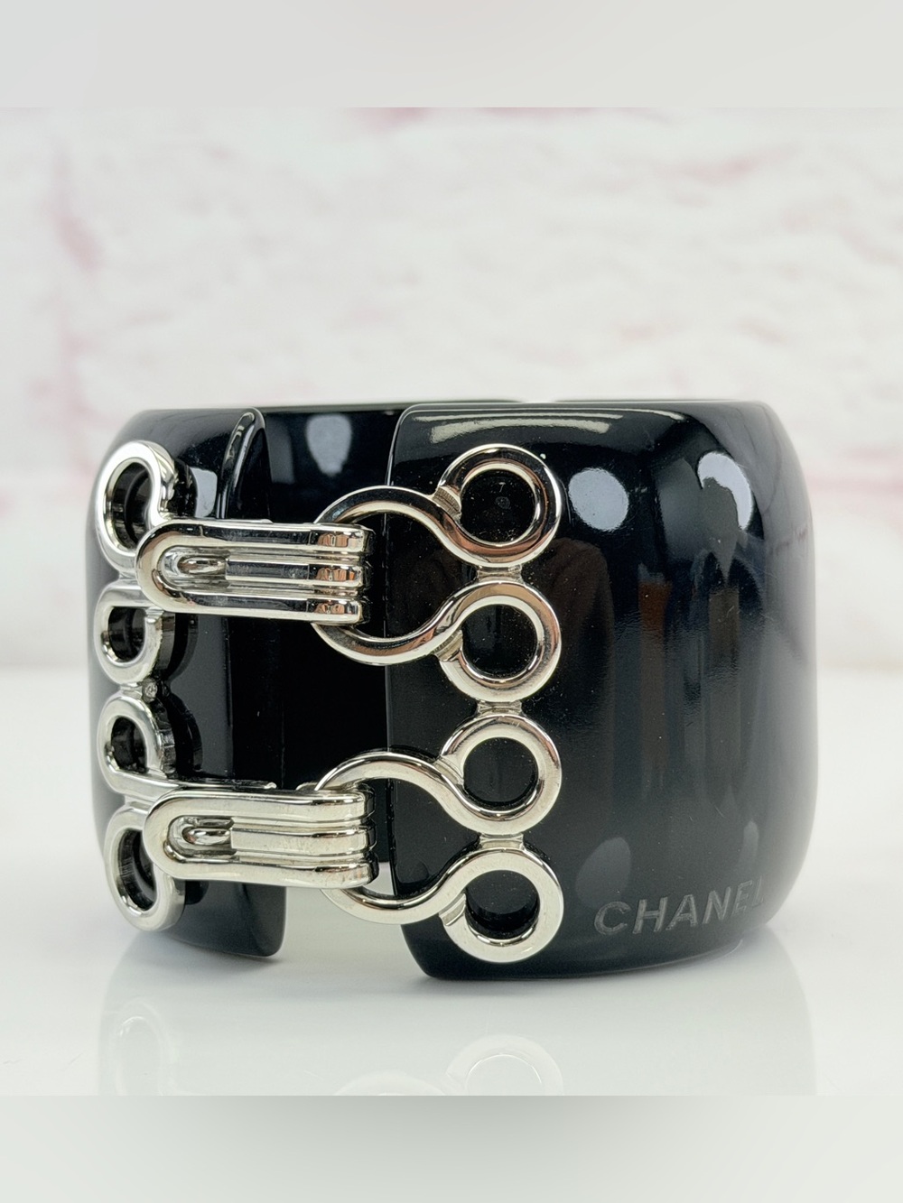 Chanel Black Resin Hinged Cuff Bangle